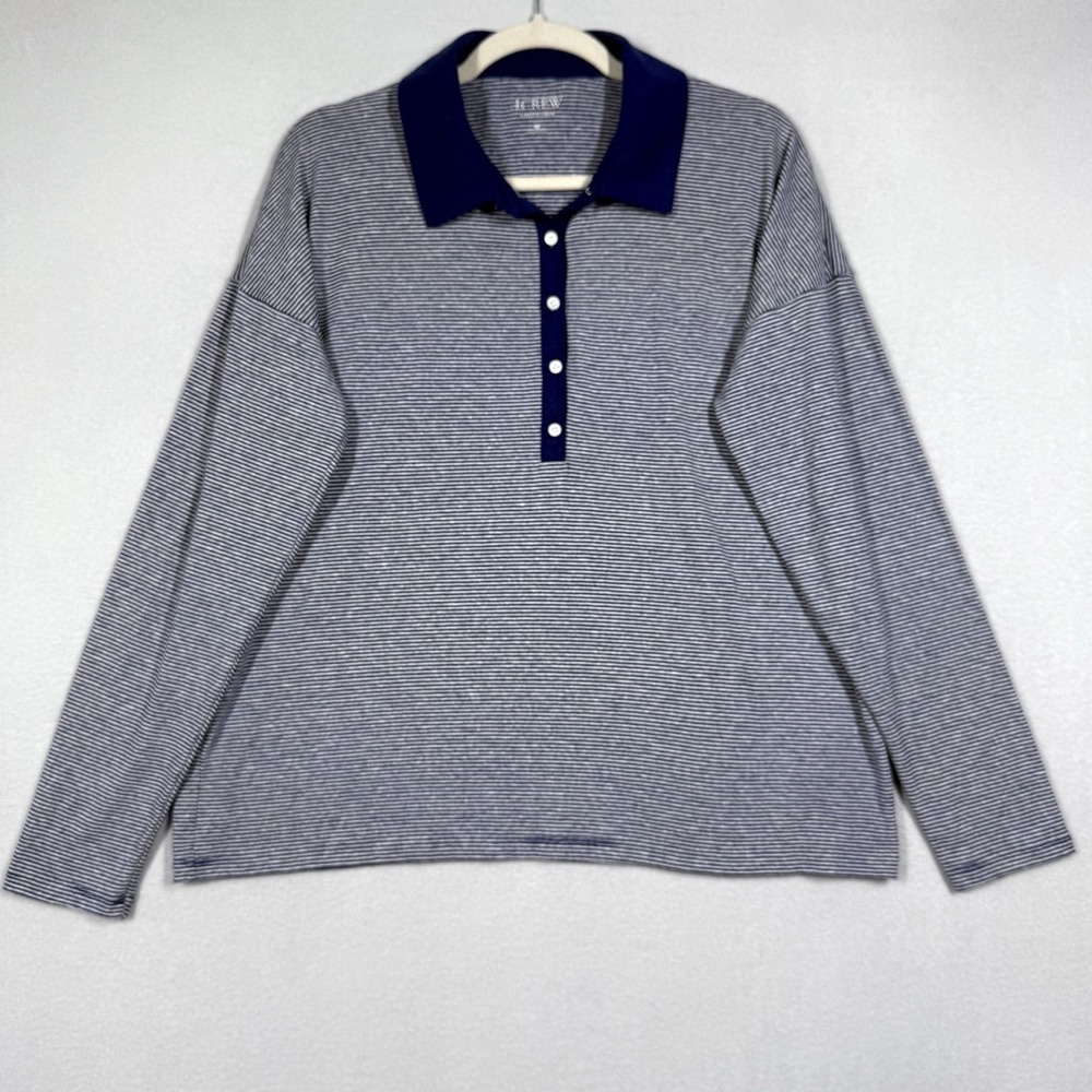 J Crew Top Womens Medium Stretch Linen Polo Shirt Nautical‎ Relaxed Long Sleeve